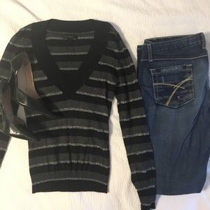 Grey, black, silver striped V-neck sweater